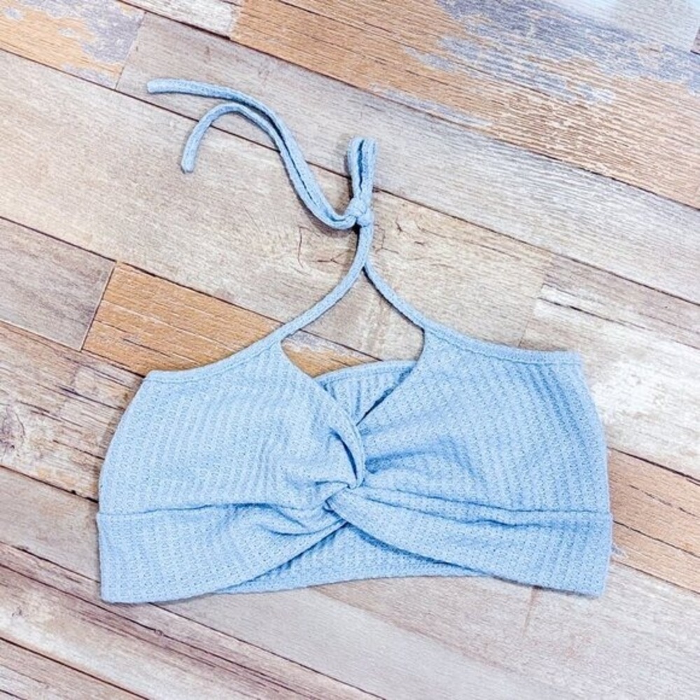 SHEIN Light Blue Ribbed Twist Front Halter Tie‎ Crop Top Size 6